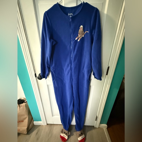 Nick & Nora Blue Adult Footie Pajamas with Sock Monkey Design - Picture 1 of 8